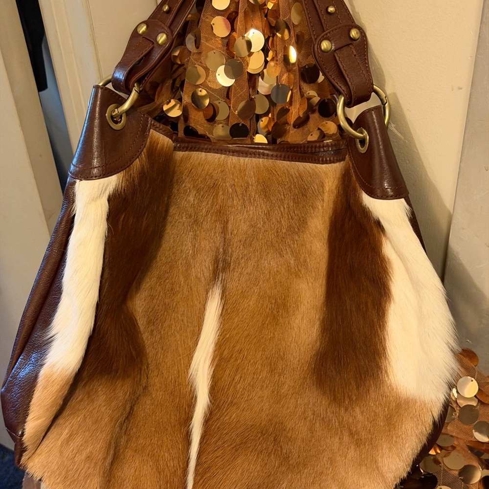 Wilsons Leather Brown and White Fur Shoulder Bag vintage deer fur